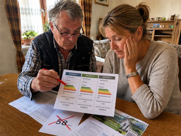 Ein Mann mit Brille und eine Frau sitzen am Holztisch und betrachten ein Blatt mit drei Angebots-Spalten, farbigen Balken-Diagrammen und Euro-Preisen. Auf dem Tisch liegen weitere Unterlagen, darunter ein Blatt mit rot durchgestrichener „58 dB(A)“.